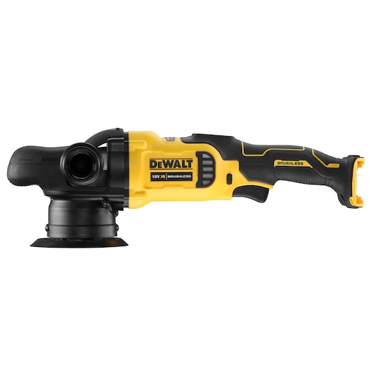 DEWALT DCM848N cordless yellow and black polisher tool with brushless motor, shown from side view.