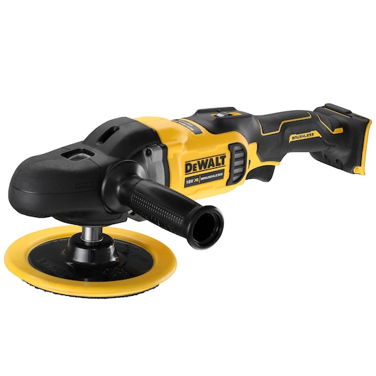 DEWALT cordless polisher, black and yellow, with side handle and brushless motor, model DCM849N.