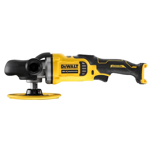 DEWALT cordless brushless polisher with yellow and black design, side handle, and polishing pad.