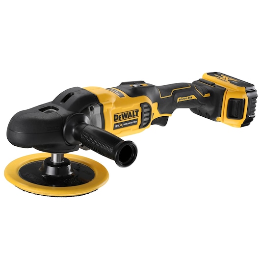 DEWALT cordless polisher with brushless motor, yellow and black, 18V, shown with battery attached.
