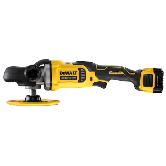 DEWALT cordless yellow and black polisher tool with brushless motor and battery attached.