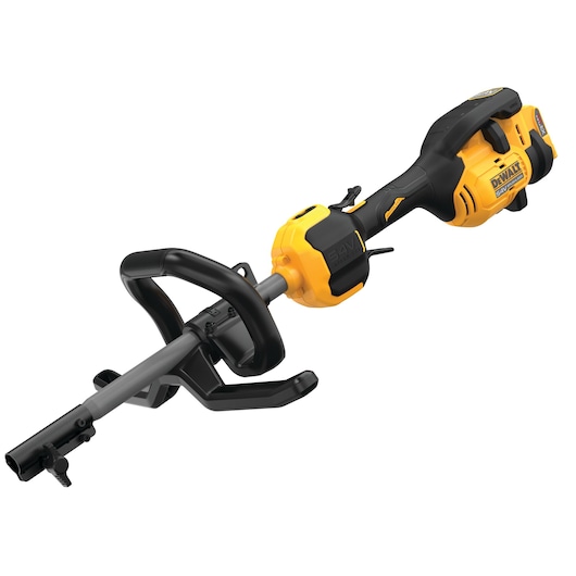 A DEWALT cordless power tool with a yellow and black design, featuring a handle and attachment connector, shown against a white background.