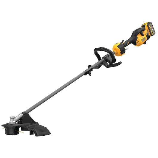 DEWALT cordless string trimmer with a long gray shaft, black and yellow handle, and a battery pack attached at the end. The cutting head has protective shielding and dual cutting lines.