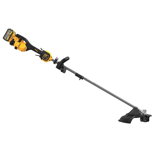 A DEWALT cordless string trimmer with a yellow and black handle, attached battery pack, and long grey shaft, used for trimming grass and vegetation.
