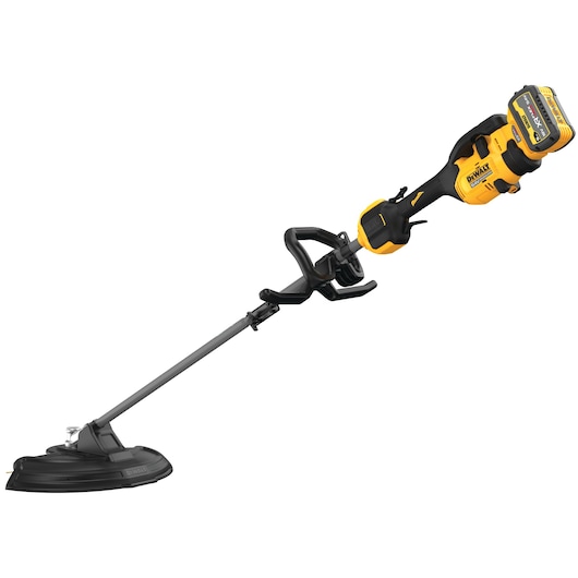 A DEWALT cordless string trimmer with a yellow and black body, battery attached, and a black protective guard at the base.