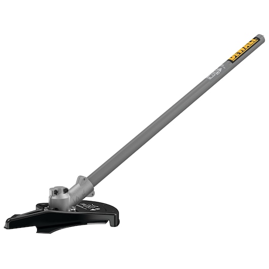 A DEWALT string trimmer attachment with a long grey shaft and a black cutting guard, designed for landscaping and garden maintenance.