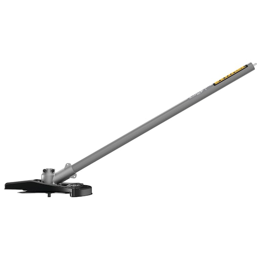 A DEWALT grey metal brush cutter attachment with a protective guard, shown against a white background.