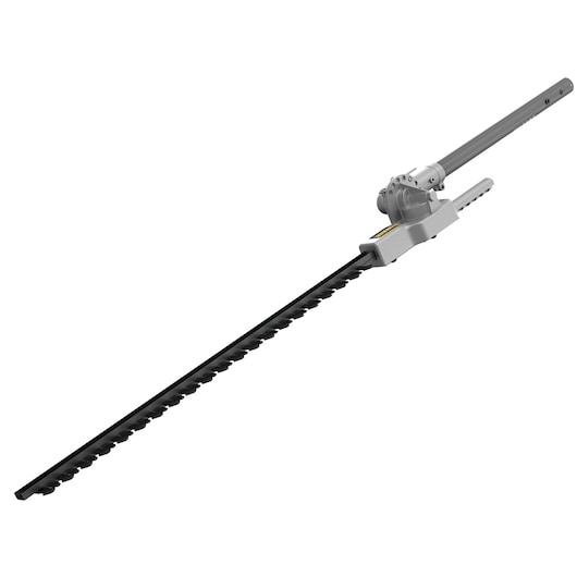 A DEWALT hedge trimmer attachment with a long black blade and silver housing, designed for use with a compatible power tool.
