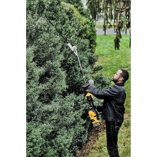 Person uses DEWALT hedge trimmer. SKUs: DCMASPH6N, DCZ65713X1-XE, DCMASPH6N-XJ. Outdoor scene.