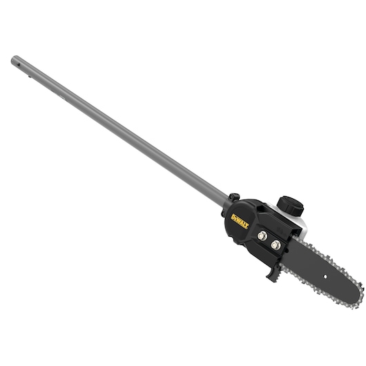 A DEWALT pole saw attachment with a black chainsaw head and a long metal shaft, designed for trimming and cutting branches at height.