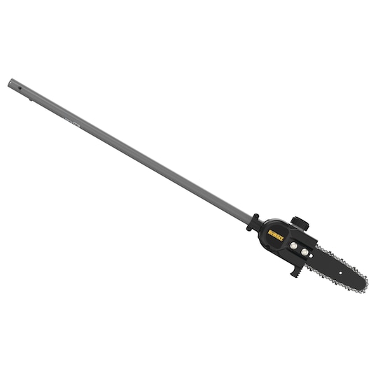 A DEWALT pole saw attachment with a long gray shaft and a small chainsaw blade at the end, used for cutting and trimming branches in hard-to-reach places.