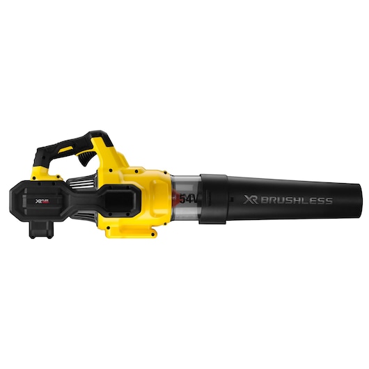 Yellow and black DEWALT cordless leaf blower with XR Brushless motor, side view on white background.