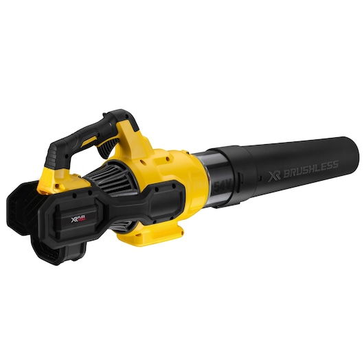 Yellow and black DEWALT cordless leaf blower with XR Brushless 54V design, shown on white background.