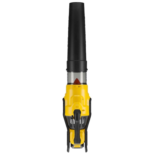 Front view of a yellow and black DEWALT cordless blower with a long nozzle.