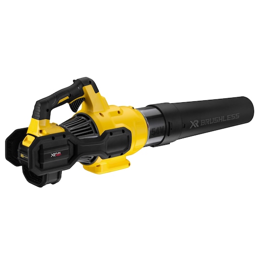 Yellow and black DEWALT cordless leaf blower with XR brushless motor and ergonomic handle.
