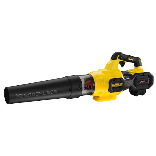 DEWALT 54V cordless yellow and black leaf blower with XR brushless motor, side view.