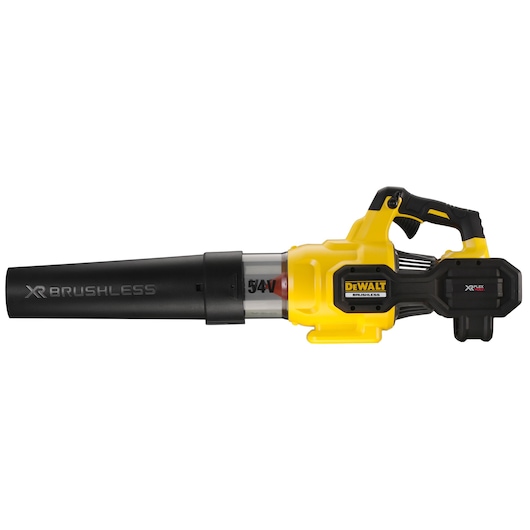 DeWalt XR Brushless cordless leaf blower in black and yellow with 54V battery.