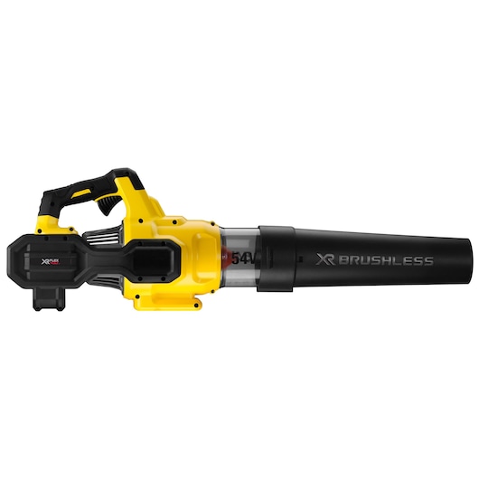 Yellow and black cordless leaf blower with brushless motor, side view on white background.