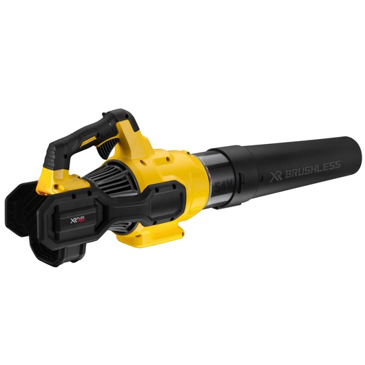 Yellow and black DEWALT cordless leaf blower with a brushless motor and ergonomic handle.