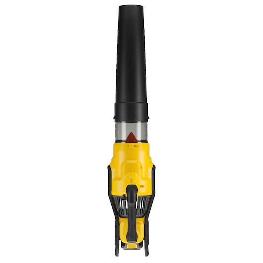 Front view of a yellow and black DEWALT leaf blower with a long nozzle on white background.