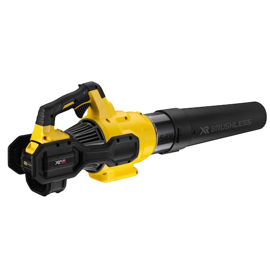 Yellow and black DEWALT cordless leaf blower, XR Brushless model, shown on a white background.