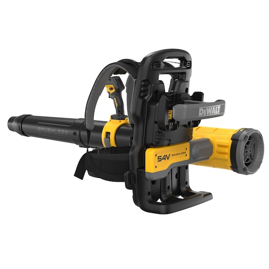 DEWALT 54V blower, product photography. Shown: DCMBBL800N-XJ, DCMBBL800N. Backpack style, yellow/black.