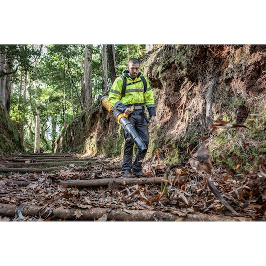 Worker uses DEWALT DCMBBL800N-XJ, DCMBBL800N leaf blower outdoors. Photography category.