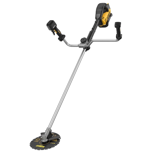 DEWALT brush cutter DCMBC723N-XJ, DCMBC723N. Yellow/black tool for garden maintenance, with metal blade and handles.