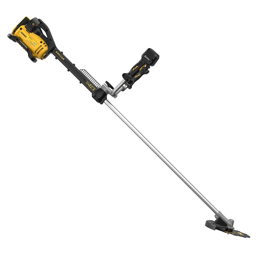 DEWALT brush cutter, DCMBC723N-XJ, DCMBC723N. Long pole, yellow and black. Outdoor tool for yard maintenance.