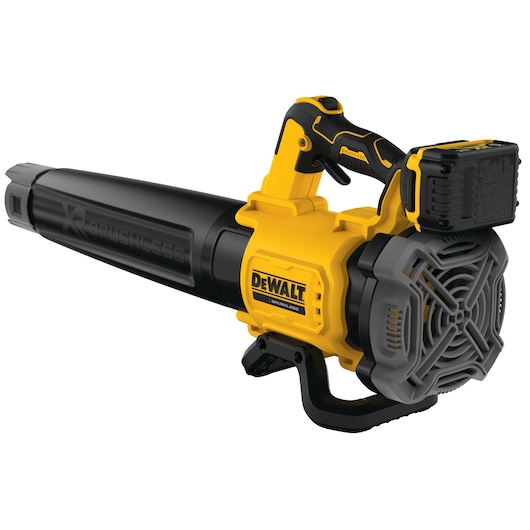DEWALT cordless leaf blower DCMBL562P1, yellow and black, with battery attached.