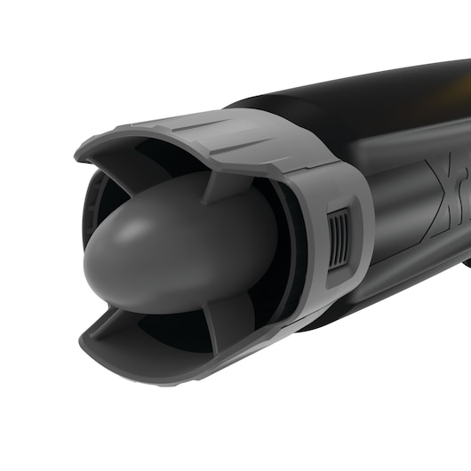 Close-up of DEWALT cordless blower nozzle showing its grey protective cover and part of the black body.