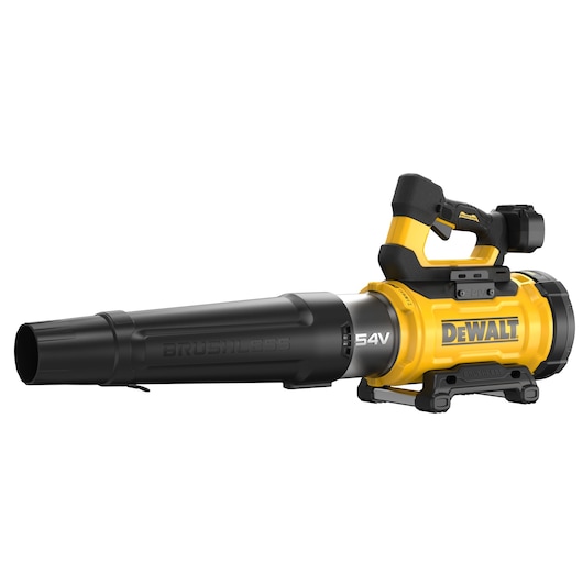 DEWALT cordless leaf blower, yellow and black, brushless motor, model DCMBL777N, 54V power.