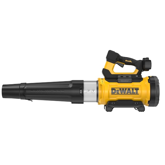 DEWALT 54V cordless leaf blower with yellow and black design, side view on white background.