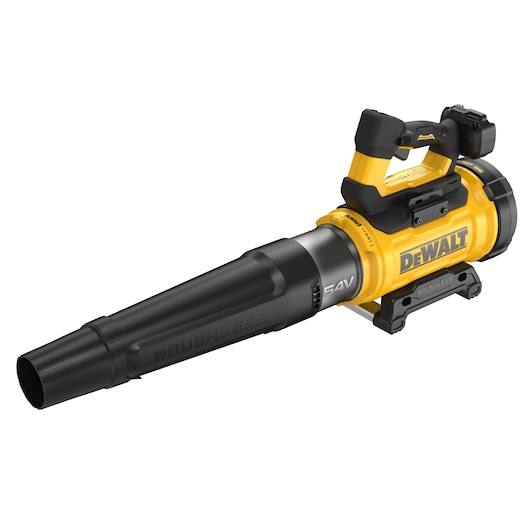 DEWALT 54V cordless leaf blower with ergonomic handle and brushless motor, shown angled on white background.