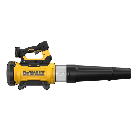 DEWALT cordless leaf blower, yellow and black, side view with handle and nozzle visible.