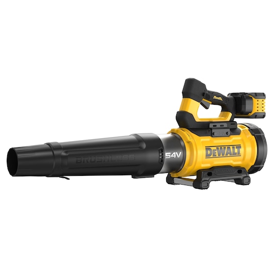DEWALT 54V cordless leaf blower with brushless motor, yellow and black design.