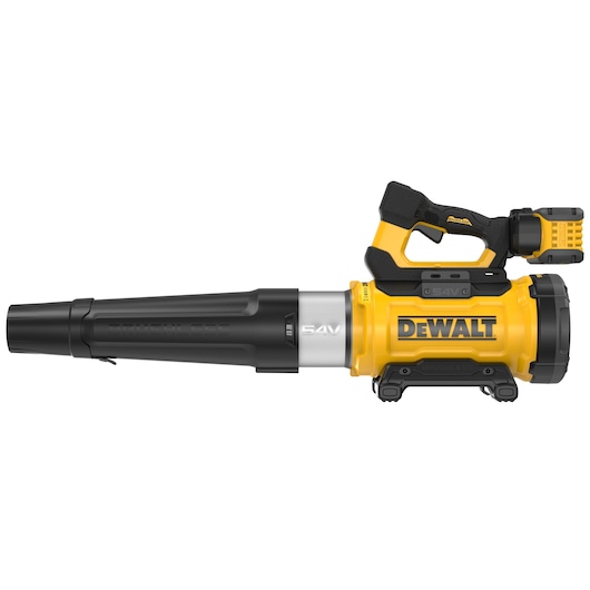 DEWALT DCMBL777X1 cordless leaf blower, yellow and black, shown from the side on a white background.