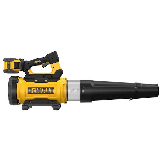 DEWALT cordless yellow and black leaf blower with brushless motor and 54V battery.