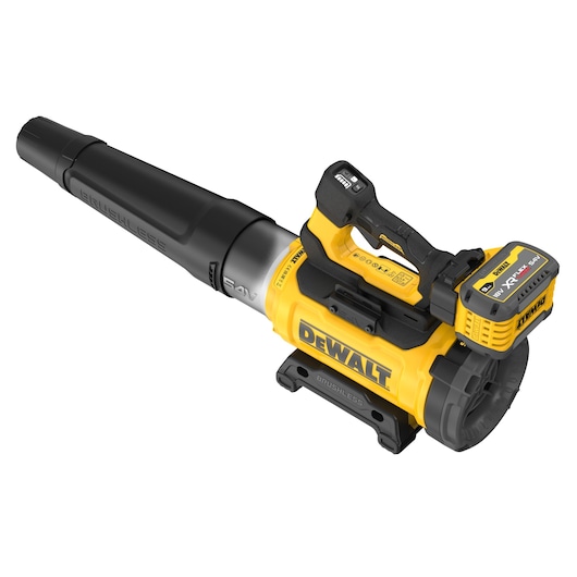 DEWALT cordless leaf blower with yellow and black design and attached battery, model DCMBL777X1.