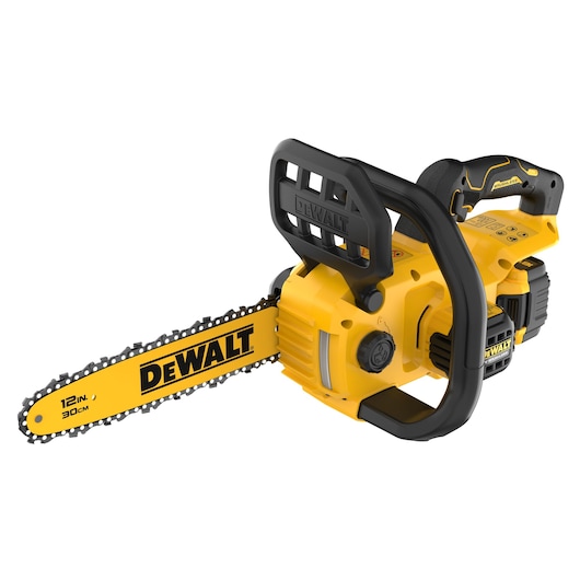 DEWALT chainsaw, 12in/30cm, SKUs DCMCS565P1-QW, DCMCS565P1, yellow, photography product.