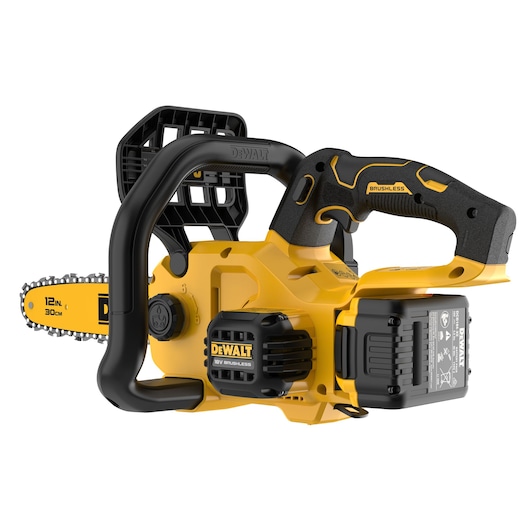 DEWALT cordless chainsaw, model DCMCS565P1-QW and DCMCS565P1, 30 cm blade, photography category.
