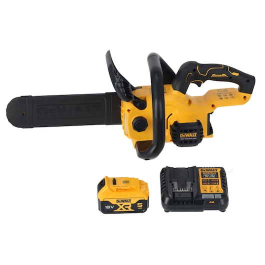 DEWALT chainsaw with battery and charger, photography category, SKUs DCMCS565P1-QW, DCMCS565P1.