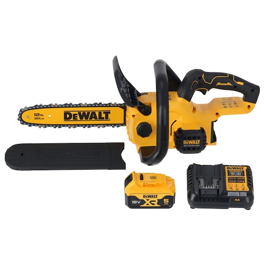 DEWALT chainsaw kit with battery and charger. SKUs: DCMCS565P1-QW, DCMCS565P1. Photography category.