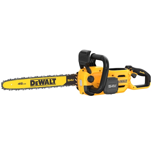 DEWALT 54V cordless chainsaw, yellow and black, 45cm bar, ergonomic handle, shown on white background.