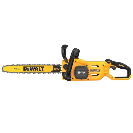 DEWALT 54V cordless chainsaw with yellow and black design, 45 cm bar, model DCMCS574N.