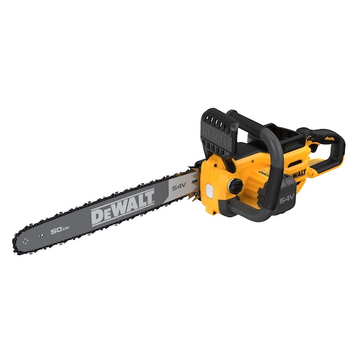DEWALT 54V cordless chainsaw with a 50cm blade shown against a white background.
