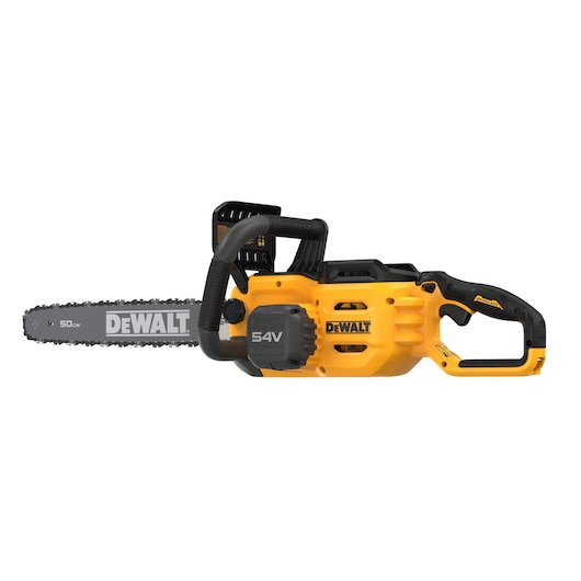 DEWALT 54V cordless chainsaw with 50cm blade, yellow and black body, side view on white background.