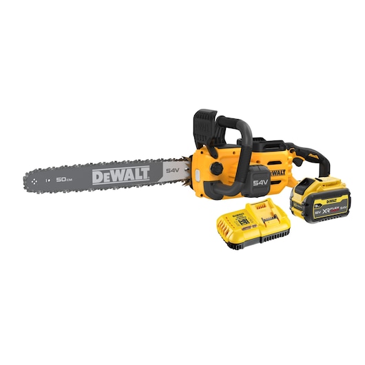 DEWALT 54V cordless chainsaw with battery and charger, yellow and black, shown on a white background.