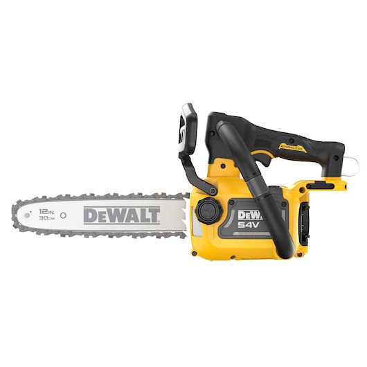 DEWALT 54V cordless chainsaw with 12-inch bar, yellow and black design, side profile view.