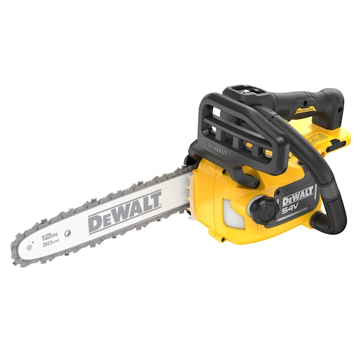 DEWALT 54V cordless chainsaw with yellow and black design. 12-inch blade for cutting wood and branches.